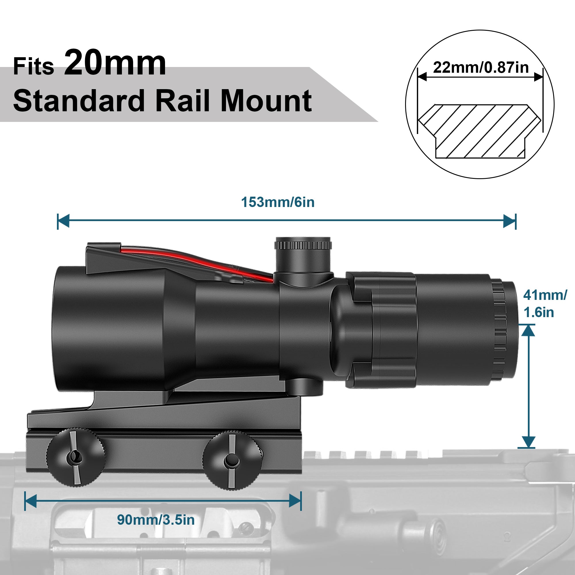 Dimensions and 20mm standard rail mount compatibility of UUQ Ranger-ER 3x32 Scope.