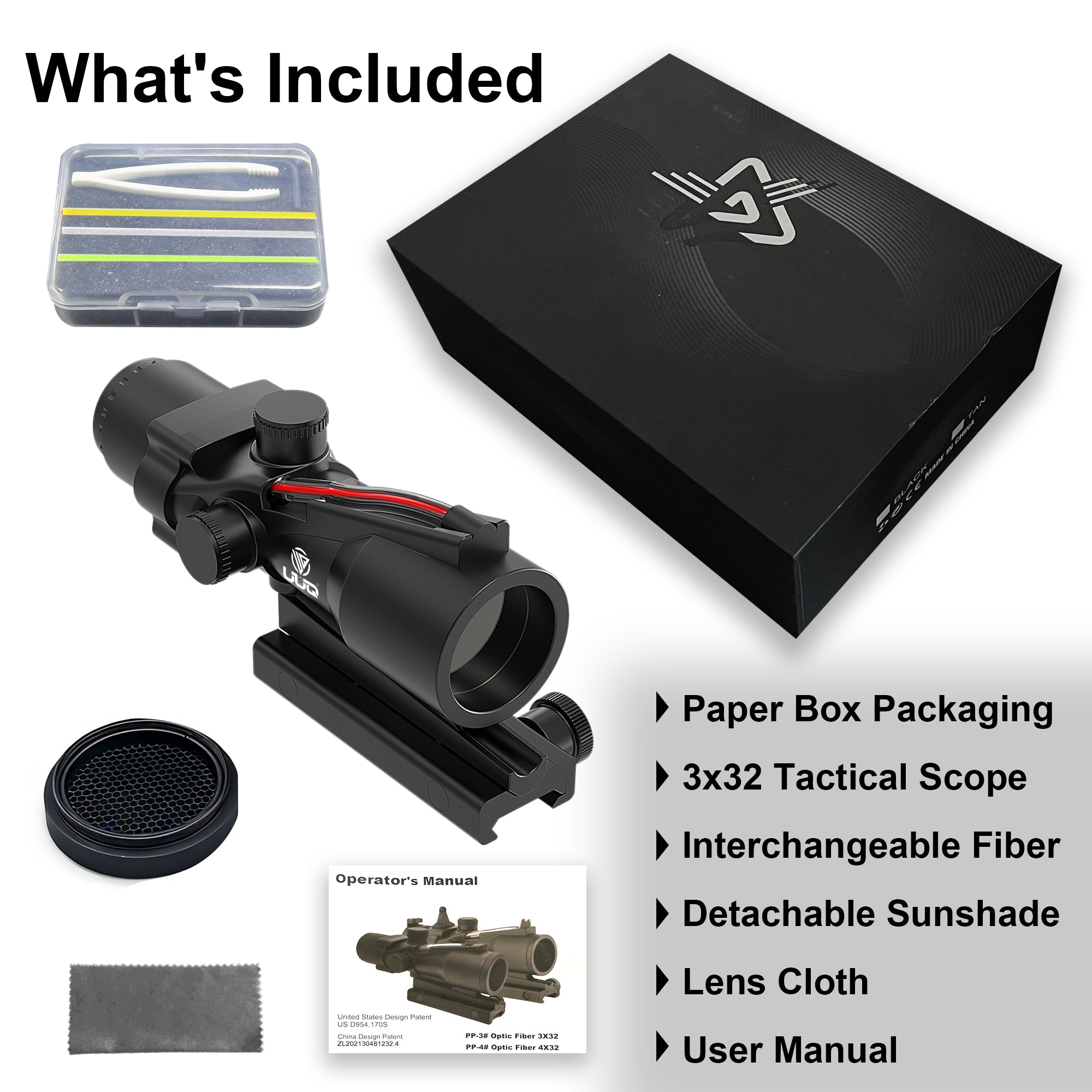 UUQ Ranger-ER 3x32 Prism Scope kit with killflash, interchangeable fibers, and manual.