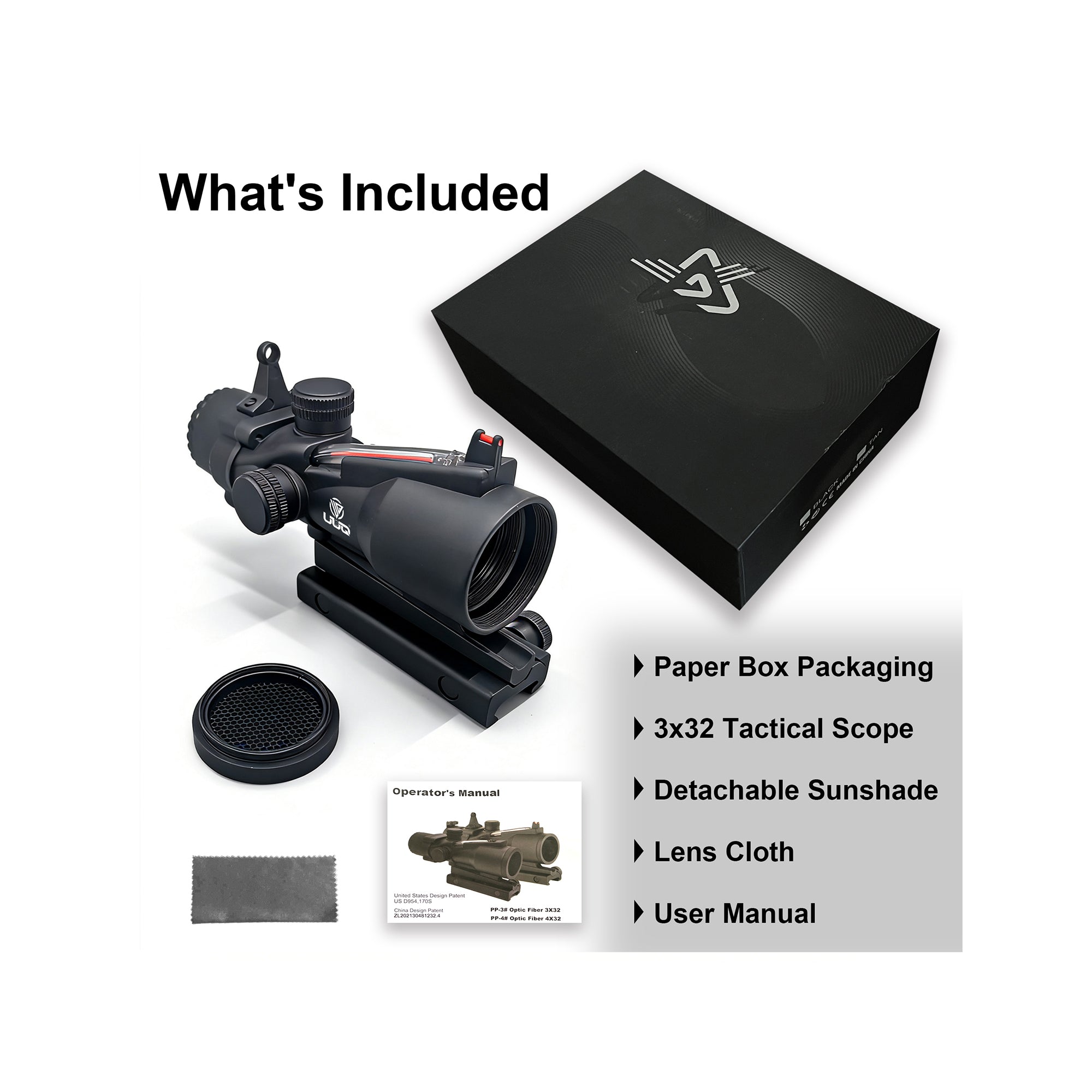 UUQ Ranger-ER 3x32 Tactical Prism Scope package list showing included accessories, clean cloth and box.