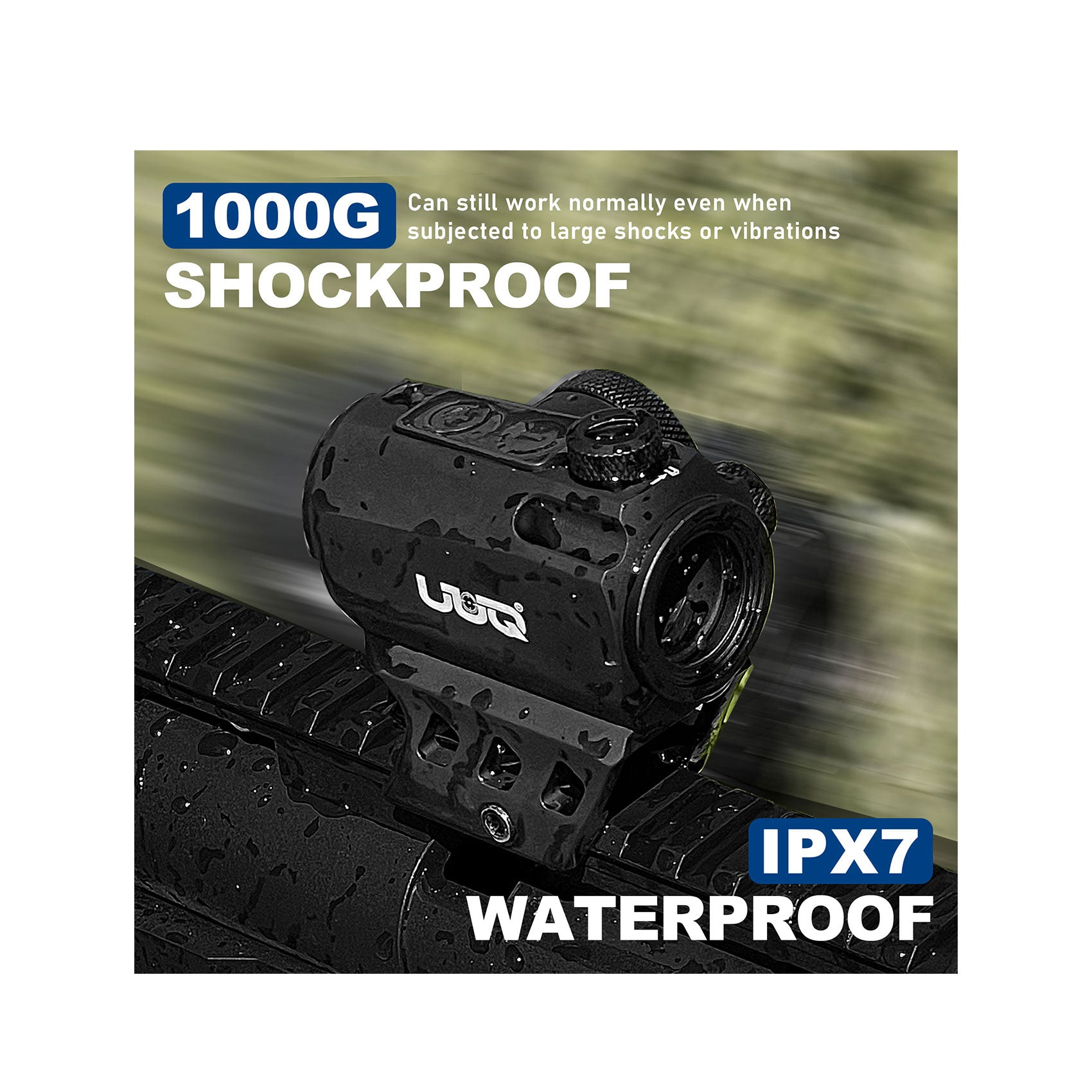 UUQ Sentry 5 Red Dot Sight, 1000G shockproof and IPX7 waterproof tactical optic shown mounted with water droplets.