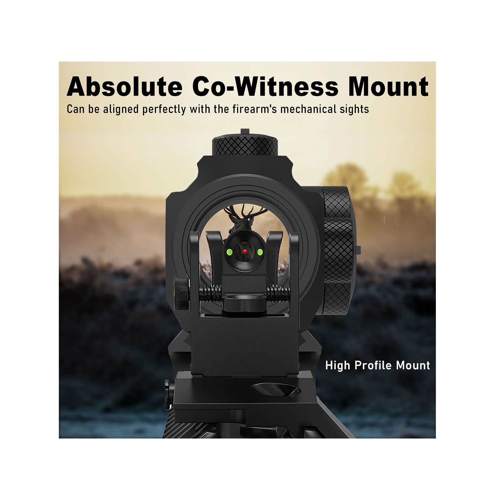 UUQ Sentry 5 Red Dot Sight with absolute co-witness mount, aligned with firearm mechanical iron sights on high profile riser.