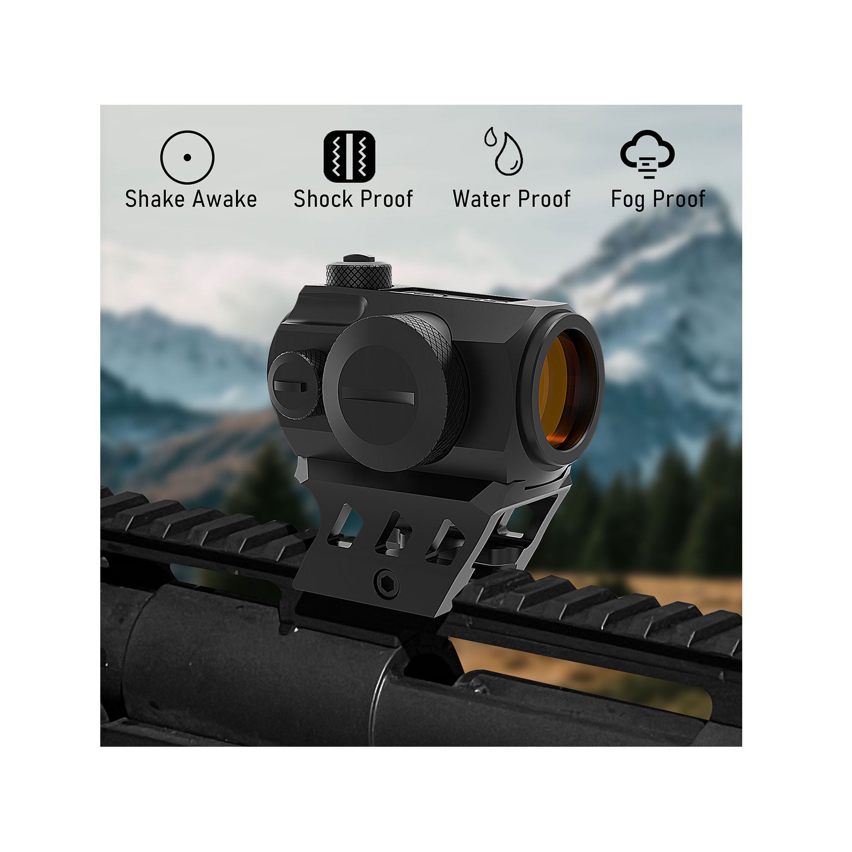 UUQ Sentry 5 Red Dot Sight performance features including Shake Awake, Shockproof, Waterproof, and Fogproof, with icons on a tactical rail.