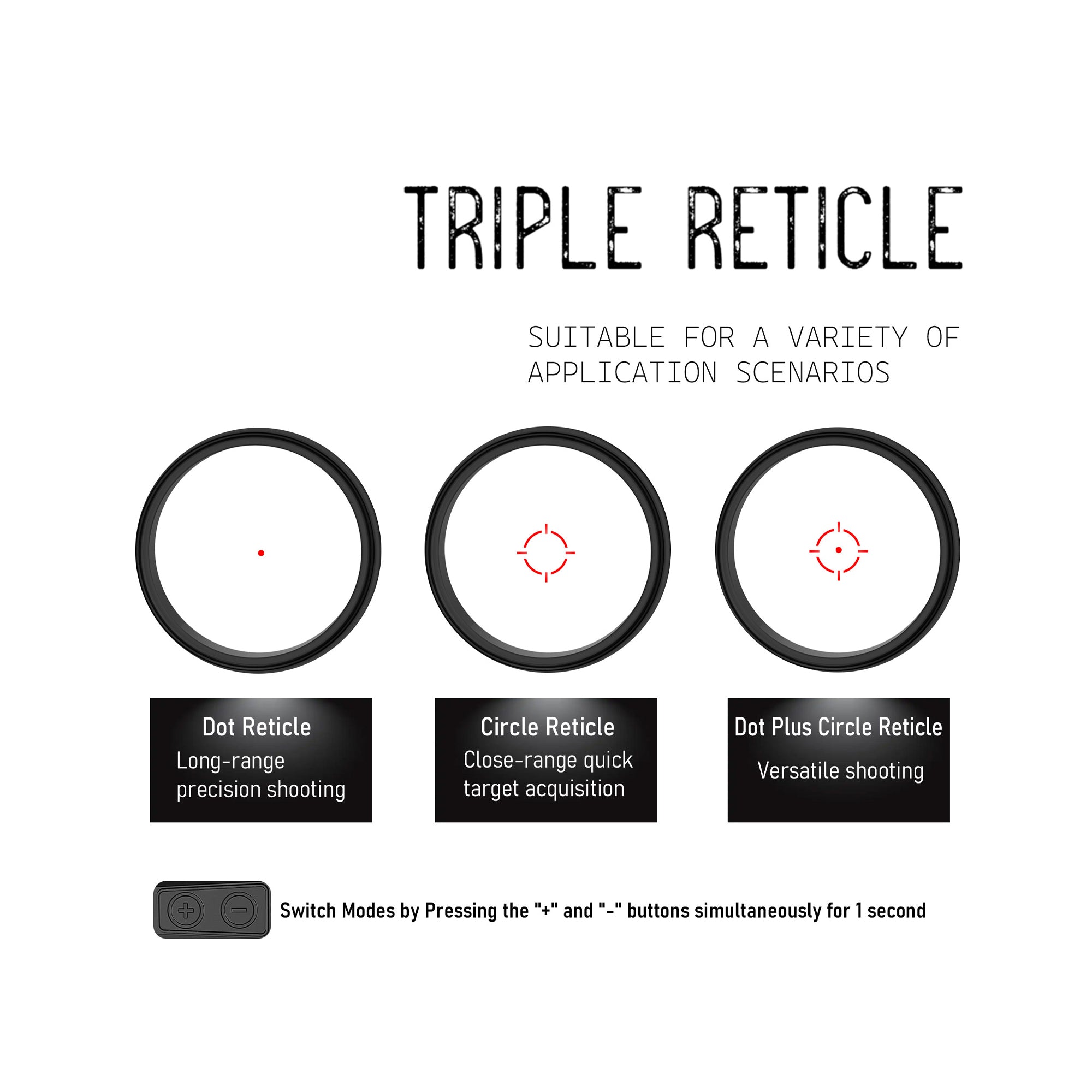 UUQ Sentry 6 Triple Reticle modes: Dot for long-range, Circle for close-range, and Dot Plus Circle for versatile shooting. Switch by pressing buttons for 1 second.
