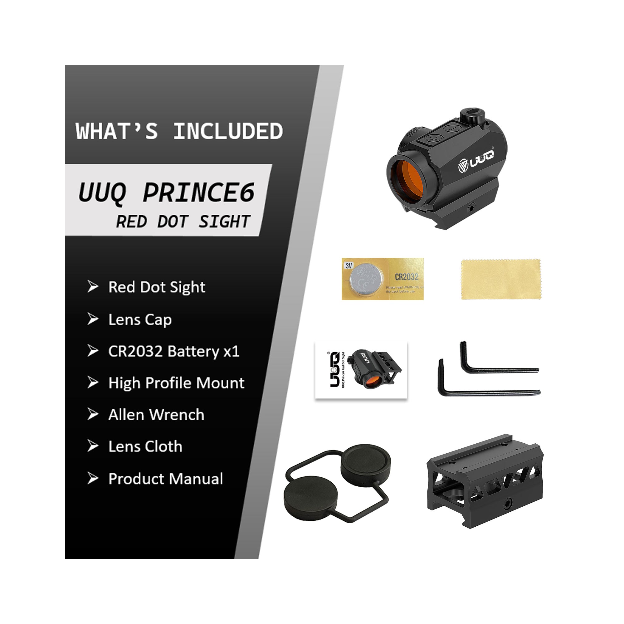 UUQ Sentry 6 Triple Reticle red dot sight package includes lens cap, CR2032 battery, high profile mount, Allen wrench, and cleaning cloth.
