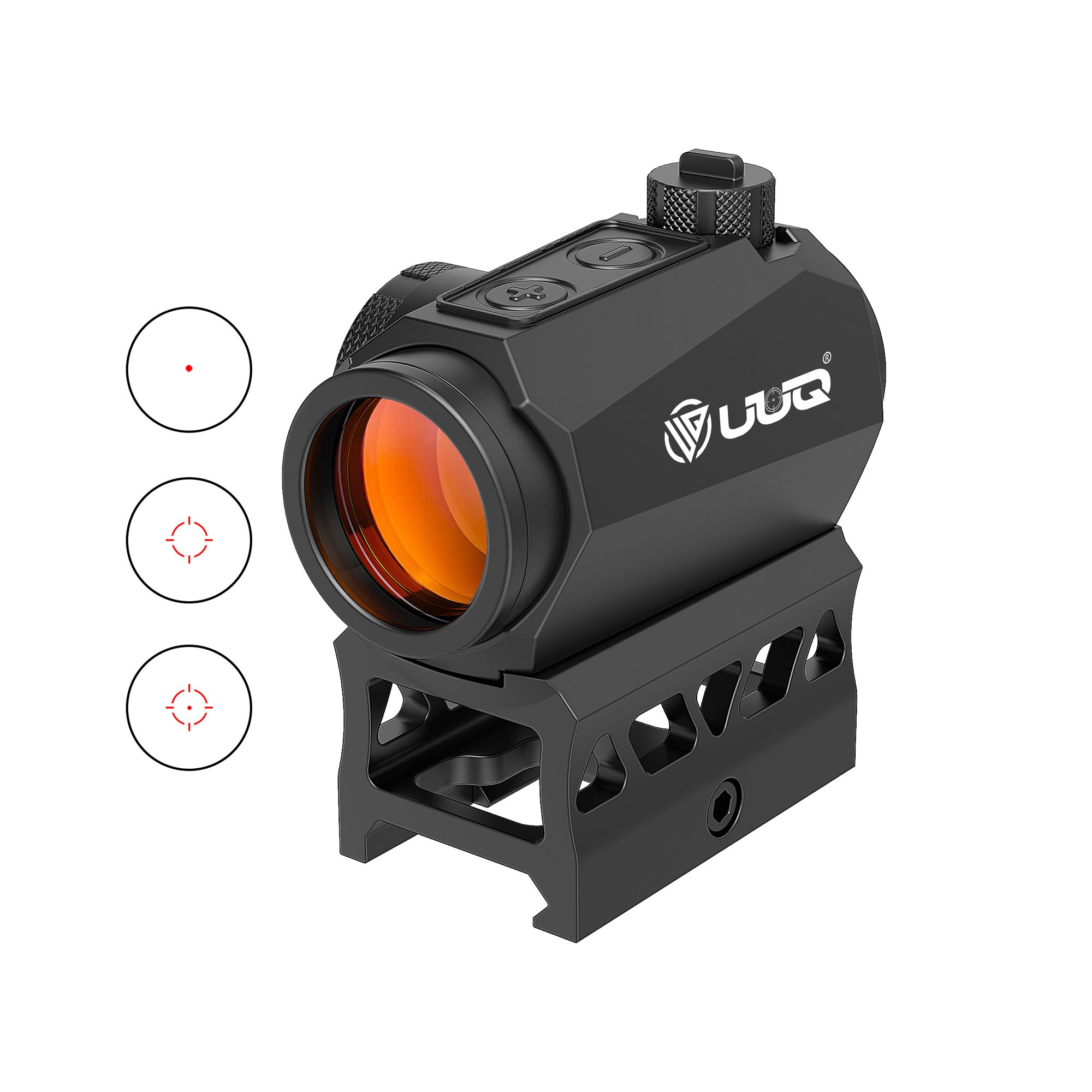 UUQ Sentry 6 Triple Reticle red dot sight with shake awake technology, featuring 3 interchangeable reticle patterns: 2 MOA dot, crosshair, and circle-dot.