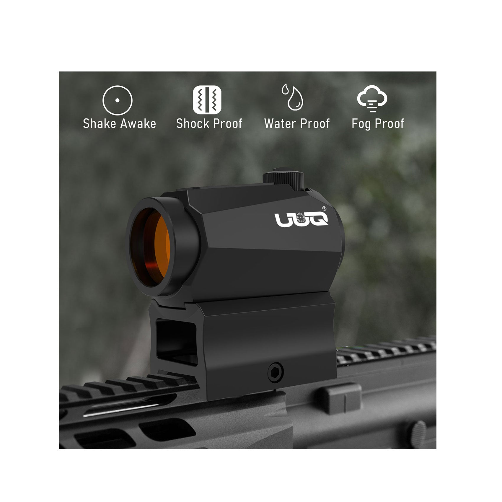 UUQ Sentry 7 red dot sight mounted on a rail, highlighting features: Shake Awake, Shockproof, Water Proof, and Fog Proof.