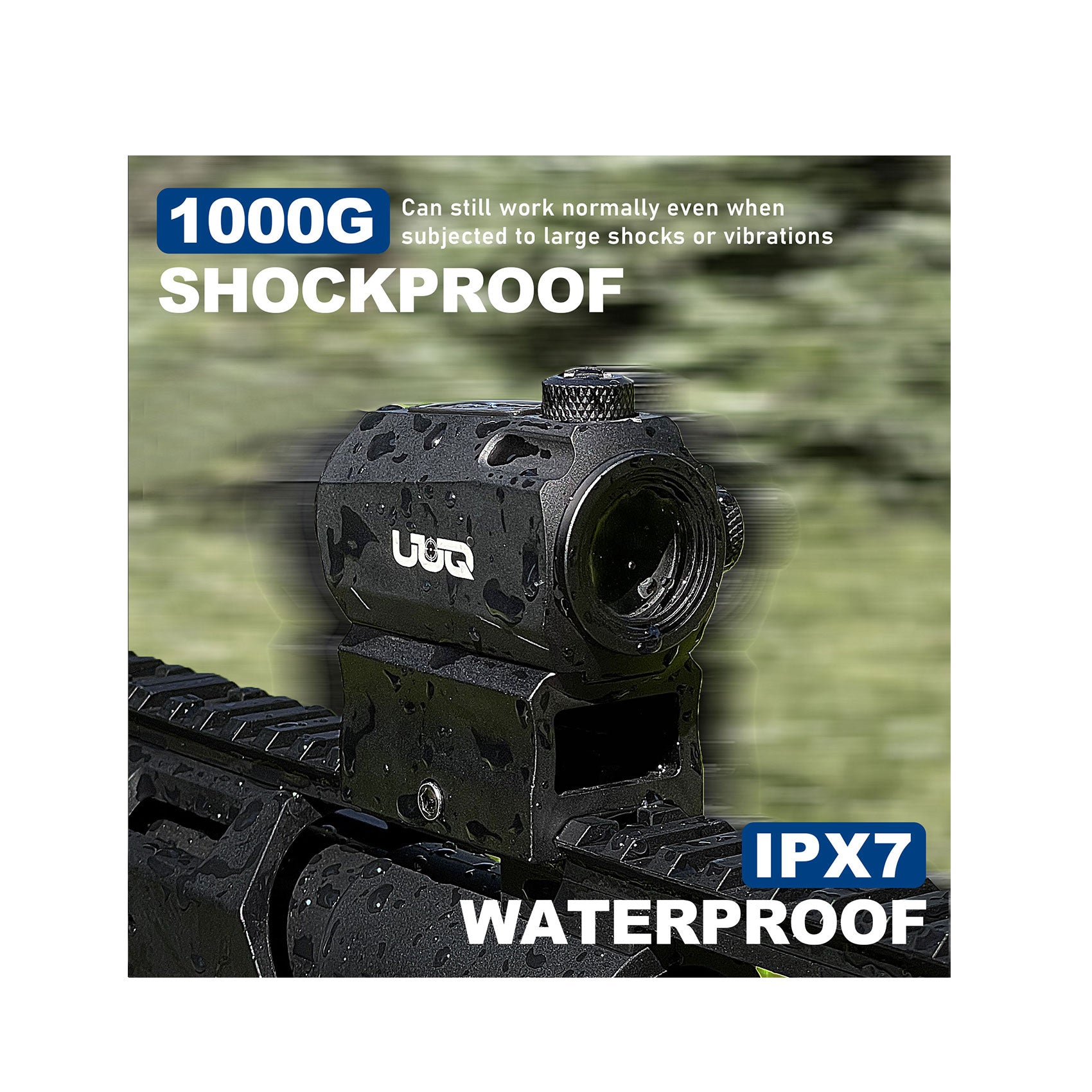 UUQ Sentry 7 red dot sight with 1000G shockproof and IPX7 waterproof rating, shown with water droplets on a tactical rail.